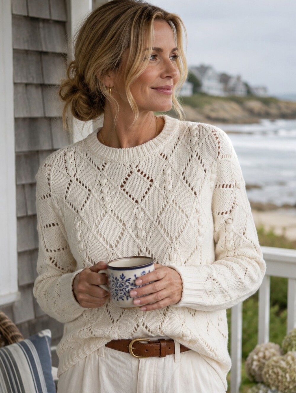 LOFT Sz.M Ivory Fisherman Sweater Cotton Open Knit Coastal Grandmother Cape Cod